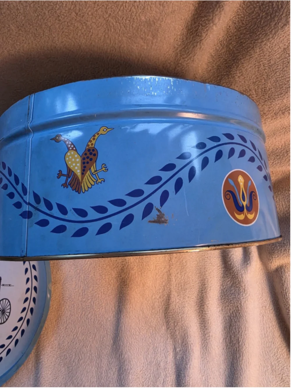 Vintage 1970s Pennsylvania Dutch Blue Metal Cookie Tin Tray Lid Folk Art Amish